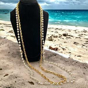 Vintage White Pearls & Gold-Tone Lariat Long Necklace!